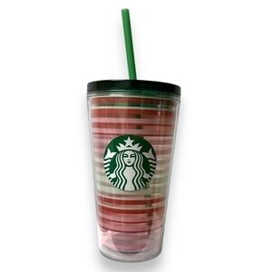 2021 Starbucks‎ Valentine’s Day green pink striped 16 Oz tumbler, cold cup EUC
